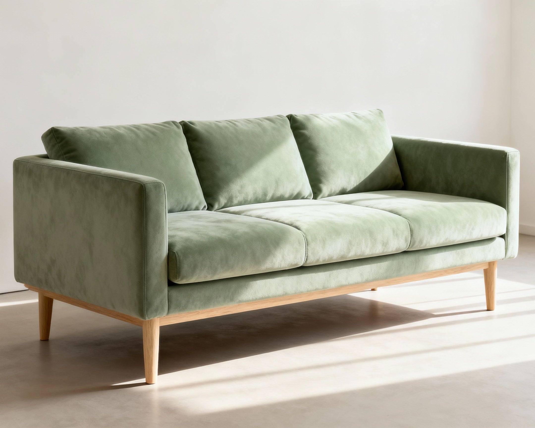 Green sofa with wooden legs in a minimalistic room